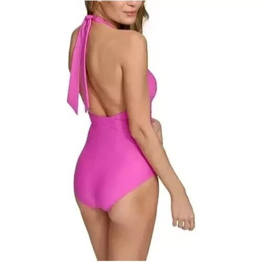 DKNY Women's Tie-Back Halter-Style Plunge neckline one piece swimsuit Pink L - Picture 2 of 9